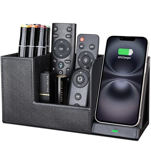 LADSTAG Organizer na długopisy, na biurko, z indukcyjną stacją ładującą, skórzany organizer biurowy, 10 W, bezprzewodowa ładowarka do iPhone 16, 15, 14, 13, 12 Pro Max, Samsung Galaxy