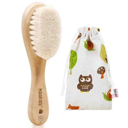 Image of haakaa Wooden Baby Hair Brush for Newborns and Toddlers Baby Brush Natural Soft Goat Bristles Hairbrush, Ideal for Cradle Cap, Perfect Baby Registry Gift with Carry Pouch, 1PC