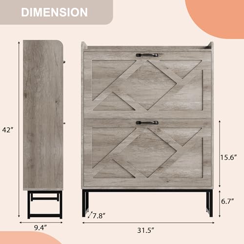 Image of Nicetree Shoe Storage Cabinet with 2 Flip Drawers, Freestanding Shoe Organizer, Shoe Cabinet with Metal Legs, Narrow Shoe Rack Cabinet, Farmhouse Slim Shoe Cabinet for Entryway, Hallway, Rustic Gray
