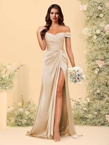 Rjer Women's Off Shoulder Mermaid Bridesmaid Dresses 2025 with Slit Long Ruched Satin Prom Dresses4