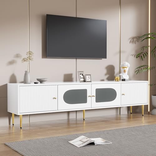 Merax Meuble TV bas 170 cm - 4 compartiments de rangement - Moderne avec porte en verre mat - Élégant meuble TV Hi-Fi pour salon, chambre à coucher - Blanc