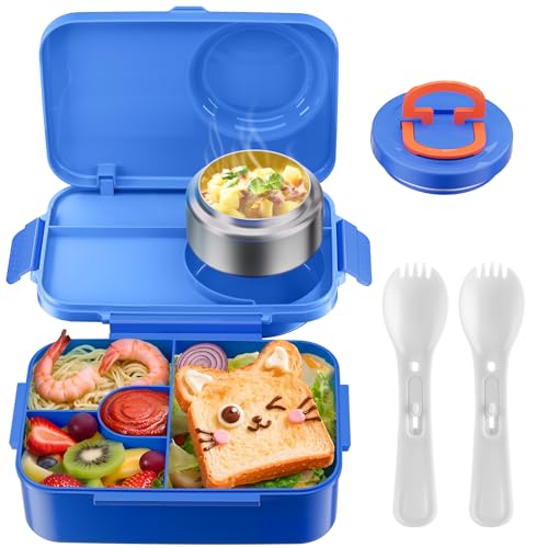Image of DaCool Upgraded Kids Lunch Box with Thermo for Hot Food 1400ml Child Bento Box for Kids with 5oz Small Thermo for Boys Girls with Fork Spoon Leakproof for Dining Out School Work Picnic, Blue