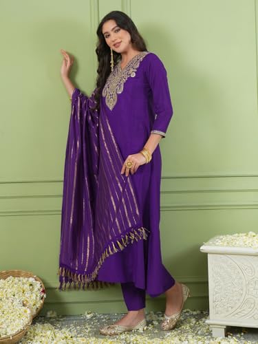 Image of Naixa Women's Viscose Silk Embroidered A-Line Kurta with Pant | Viscose Jacquard Stripes Dupatta Set | 3 /4 Sleeve | V-Neck | Festive