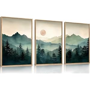 LHIUEM Large Abstract Framed Watercolor Sunrise Mountain Wall Art, Pine Tree Wall Painting, Foggy Mountains Wall Painting Nature Scenry Art Wall Decor for Living Room, Bedroom,Office-24”x36”x3