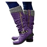 UOCUFY Boots for Women Low Flat Heel Knee High Boots Chunky Back Lace-Up Faux Riding Side-Zip...