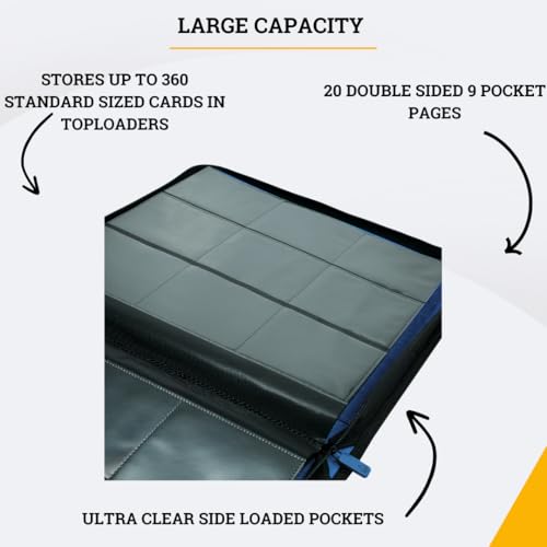 Image of Card Guardian - Toploader 9 Pocket Premium Binder with Zipper for 360 Cards (Black) - Side Loaded Pockets - Compatible with Sports and Trading Cards TCG (Blue)