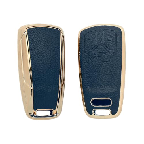 Image of Keyzone Litchi Leather TPU Key Cover & Keychain for Q5, A5, A8, Q7, A4, A6 3-Button Smart Key (Blue)