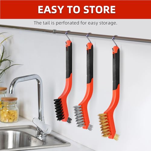 3pcs Wire Brushes for Cleaning Rust, Upgrade Wire Brush Set - Brass/Stainless Steel/Nylon Bristles, Small Metal Wire Brush with Curved Handle Grip, Wire Brushes for Paint and Stain, 7 Inches (3pcs)