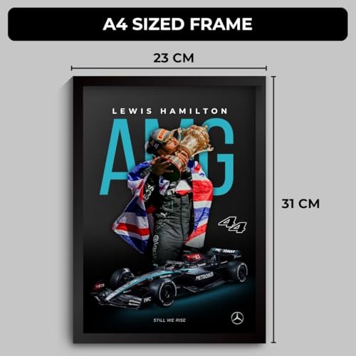 Image of Lewis Hamilton Poster Mercedes F1 Poster | Framed AMG F1 Car A4 Sized (31 x 23 cm) | Lewis Hamilton Posters | Mercedes Car Frame for Wall, Gift for Boys, Formula 1 Frames | Formula 1 Frame (F 027)