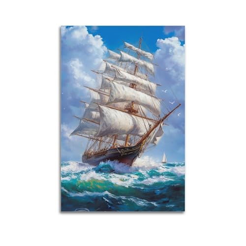 Poster vintage de peinture à l'huile sur toile représentant un bateau à voile, 50 x 75 cm