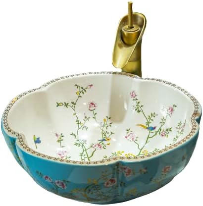 Waschbecken Keramik Blumenform Hellblau | Aufsatz-Spüle Für Waschtisch, Europäischer Stil, Ca. 41x41x15 Cm
