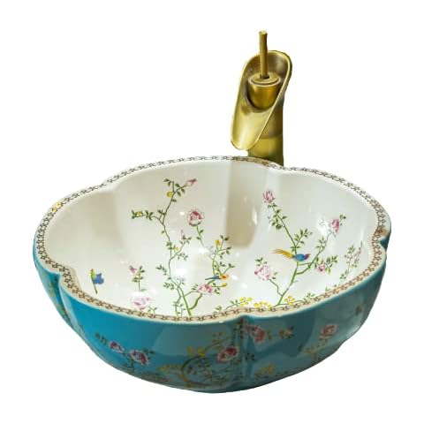 Lavabo de cerámica azul con diseño de flores y aves para baño Cover