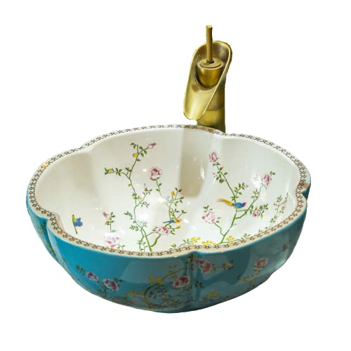 MIPOPS Bathroom Vessels Sink Blue Flowers Shape Ceramic Countertop Art Wash Basin with Flower and Bird Design