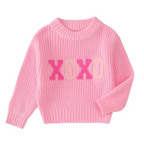 Toddler Girl Valentines Sweater XOXO Chenille Patch Knit Sweater Chunky Long Sleeve Pullover Fall Winter Tops(Pink,6T(120))