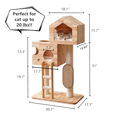 Torre para gatos moderna de madera sólida con casa y rascador miniatura 7