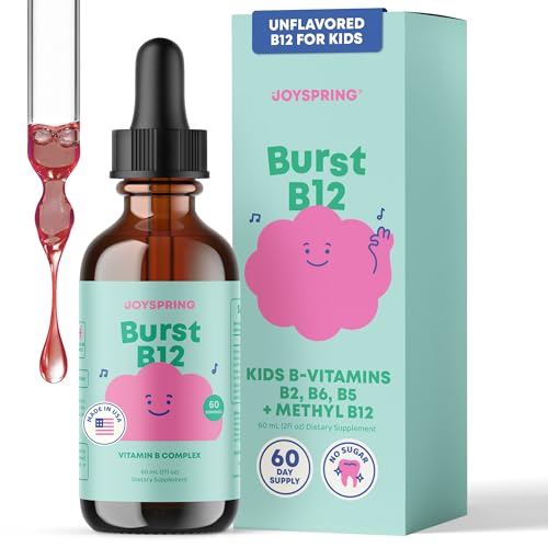 JoySpring Burst B12 Drops - Vitamin B Complex for Kids with Methyl B12 Supplement to Support Healthy Growth & Development, Vegan Liquid B12 Drops, Ages 3-16+ | 2 fl oz (60 Servings)