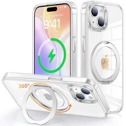 iPhone 15 用 ケース Magsafe対応 ワイヤレス充電 360°回転スタンド 縦横両対応 Gunwon スマホケース iphone15 用 米軍規格 耐衝撃 半透明 マット感 マグセーフ 防指紋 リング マグネット搭載 アイフォン15 用 カバー「クリア」の商品画像（Amazon）