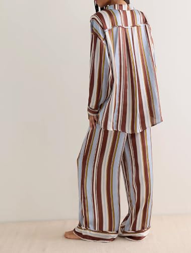 Image of Women Floral Satin Pajamas Long Sleeve Button Shirt Silk Wide Leg Pants Set