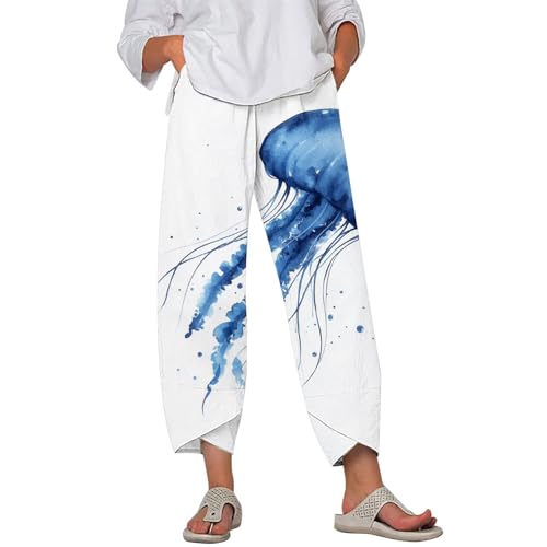 LOAIHA Japanese Pants Cotton Women Wide Leg Elastic Waist Capri Casual Y2k Pant Cropped Trousers with Pockets