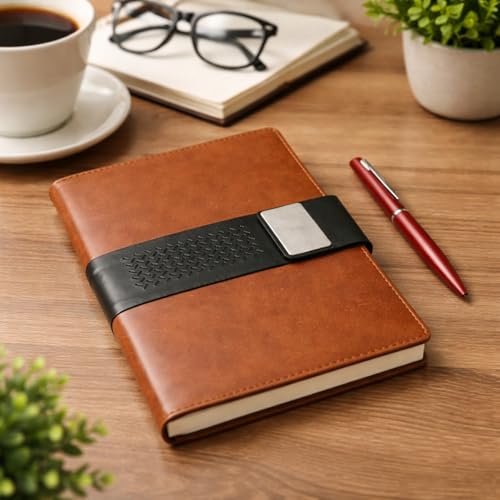 Image of 2 in 1 Diary with Pen Set for Men and Women, Leather Notebook Diary & Metal Pen Birthday Gifts for Husband, Brother, Father New Year Corporate Gift for Employee Gift Set (Brown)