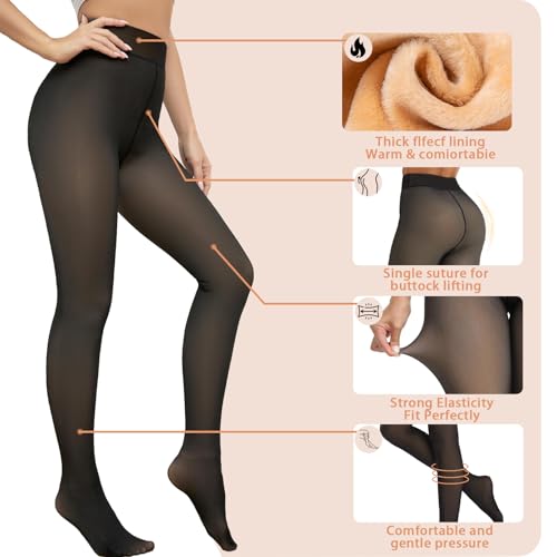 Image of X-CHENG 2 Pairs Fleece Lined Tights Women-Thermal Pantyhose leggings Women,Fake Translucent Skin Colored Tights for Winter