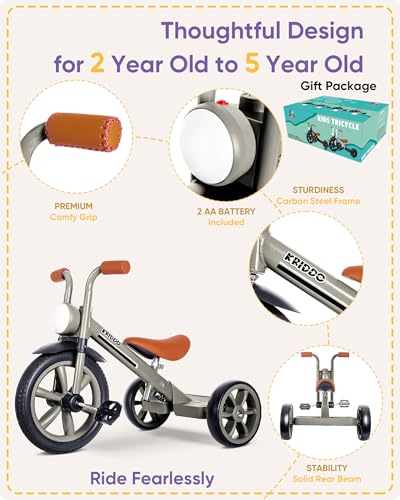 Image of KRIDDO Kids Tricycles Age 2 Years to 5 Years, 12 Inch Puncture Free Rubber Wheel w Front Light, Kids Trike for 2.5 to 5 Year Old, Gift Toddler Tricycles for 2-5 Year Olds, Trikes for Toddlers, Grey