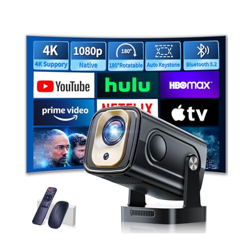 Mini Projector 1080P with Built-in Apps, 4K Full HD Projector, Smart Projector Featuring Auto Focus & Keystone Correction, Portable Projector WiFi 6 & Bluetooth 5.4 180° Rotation for Phone/Tablet/HDMI