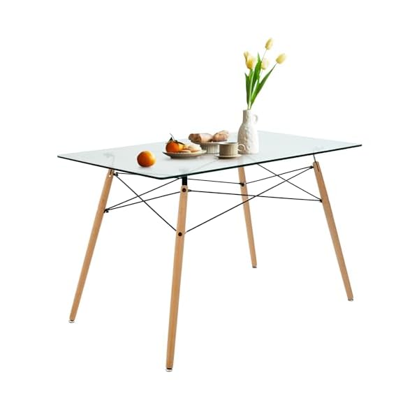 FurnitureR Minimalist Rectangle Dining Table with Round Beech Wood Legs for Home Kitchen Living Room Corner Small Spaces Leisure, 47.2 inches, Transparent