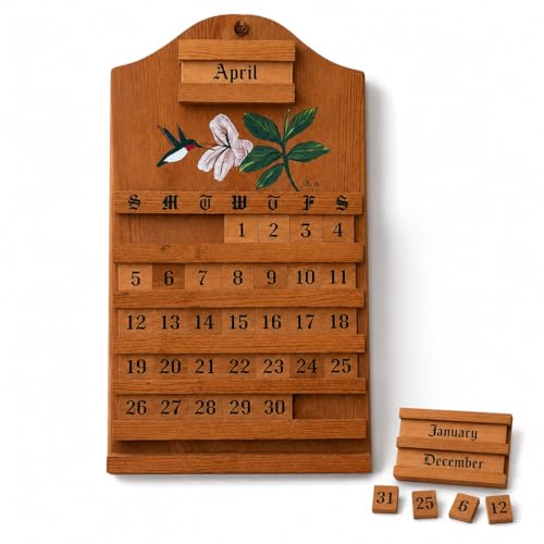 Wooden Perpetual Wall Calendar Reusable DIY Holiday Calendar with Month and Date Pieces Vintage Floral Hummingbird Home Decor for Kitchen Office Entryway 1 Pack