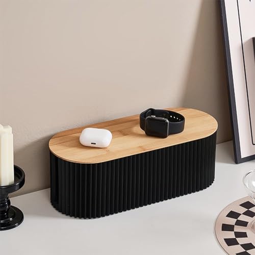 Image of Soko Cable Management Box with Bamboo Lid | Cords Hider & Surge Protector | Concealer for Power Strips, Router, TV, Gadget Wires Storage Organiser Tray for Desk, Table - Home, Office - Black