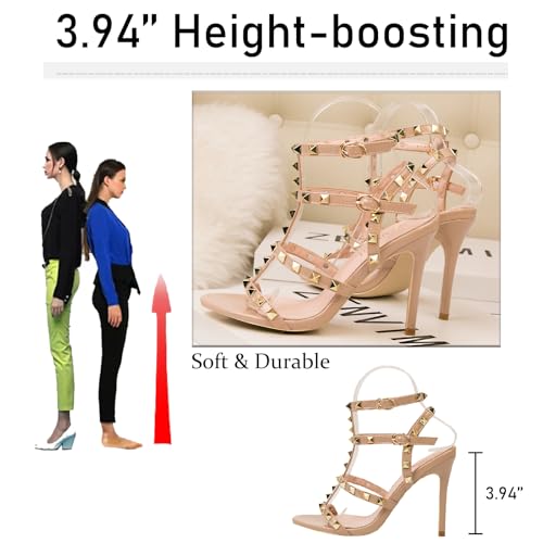 Women's Studded Strappy Leather Stiletto Heels Sandals with Adjustable Ankle Buckle Sexy Open Pointed Toe Fashion T-Strap Roman High Heel Pumps for Party Prom Dress Shoes4