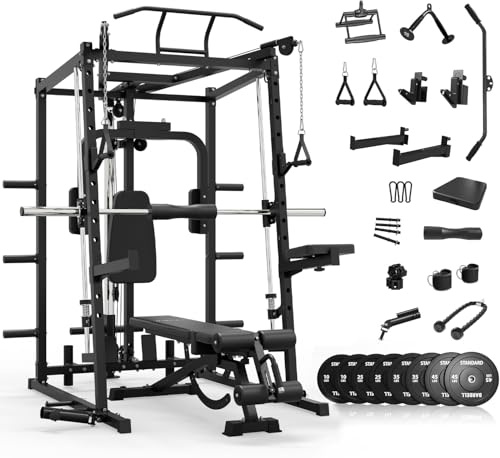 Mikolo All-in-One Smith Machine Home Gym with 230lbs Weight Plates, Power Cage with Cable Crossover, LAT Pulldown, Squat Rack & Adjustable Weight Bench