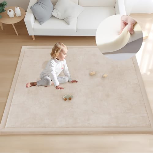 Image of ACOMOPACK Baby Play Mat for Floor 1.3" Thick Memory Foam 50x50 Soft Velvet Playpen Mat for Kids,Infants,Toddlers,Tummy Time Crawling Mats with Non-Slip Bottom,Yoga,Tatami,Nursery Rug（Beige）