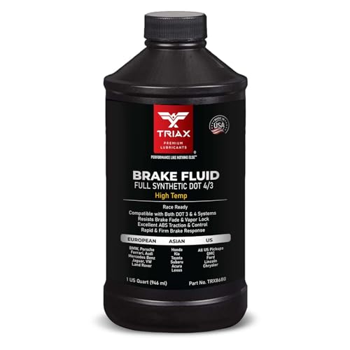 TRIAX Brake Fluid DOT 3&4 - Full Synthetic, High Temp, Heavy Duty, All-Vehicle, Race Ready - European, Asian, & US Vehicles - Resists Brake Fade & Vapor Lock, ABS Traction & Control (1 Quart)