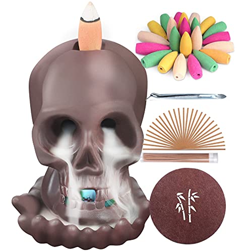 skull cone burner - SOYO Incense Waterfall Burner Skull Backflow Ceramic Incense Holder, Incense Fountain with 120 Backflow Incense Cones & 30 Incense Stick, Aromatherapy Ornament