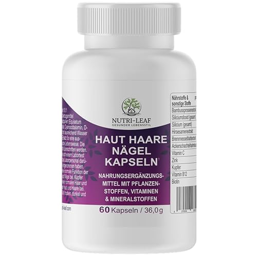 Cabello, Piel y Uñas – Suplemento con biotina, zinc, silicio, vitamina C, mijo, ortiga, cola de caballo y cobre – Apoya el crecimiento capilar, uñas fuertes y piel saludable | NUTRI-LEAF