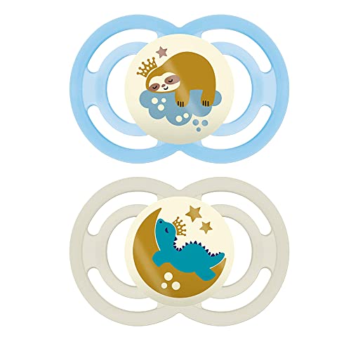 Image of MAM Perfect Night Baby Pacifier, Patented Nipple, Glows in the Dark, 2 Pack, 16+ Months, Blue/Boy,2 Count (Pack of 1)