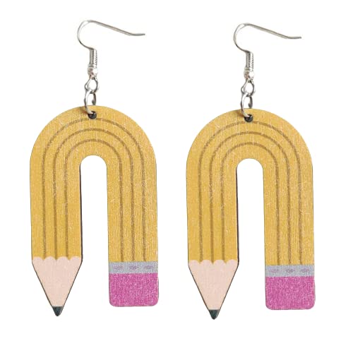 Wooden Pencil Drop Earring Classic Stack of Books Dangle Earrings Back to School Gradution Jewelry Lovely Librarian Funky Teacher Hook Earring for Teachers, Students
