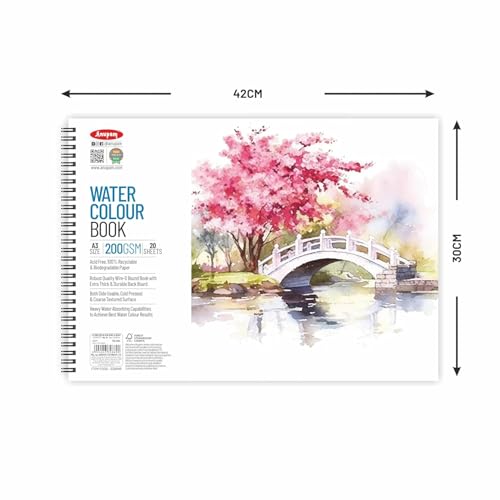 Image of Anupam Watercolour Book 200GSM Natural White Paper with Grained Surface Usable on Both Side 40 Pages A3 for Watercolour, Gouache, Ink, Acrylic, Wet & Mixed Media, Art Painting, Drawing