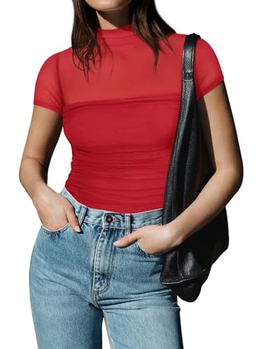 Image of REORIA Women's Sexy Mock Turtle Neck Short Sleeve Shirts Sheer Mesh Ruched Trendy Going Out Bodysuits Tops