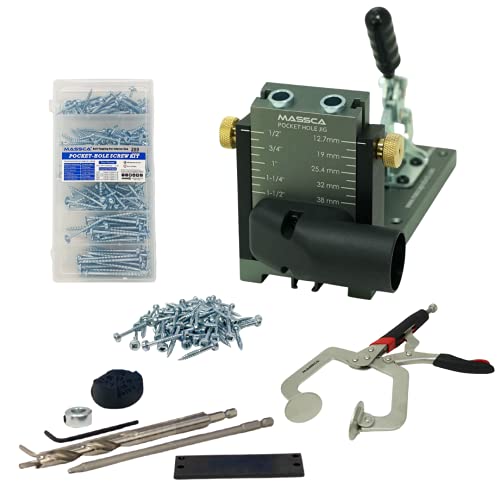 Greatest Product Massca Aluminum Pocket Hole Jig System Set -M1 Bundle – Adjustable & Easy to Use Joinery Woodworking Tool w/Drill Bit, Hex Key Screws, Square Driver, Stop Collar & Face Clamp