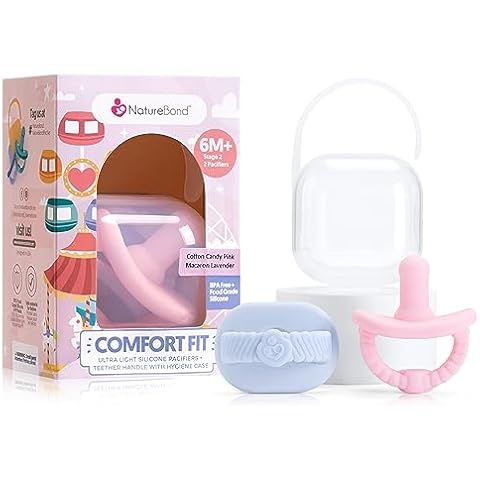 NatureBond Baby Pacifier Soother Silicone Binky Newborn Teether Pacifiers 2 in 1, Curved for Comfort | Hygiene Cover (Above 6 Months, Cotton Candy Pink and Macaron Lavender) Cover