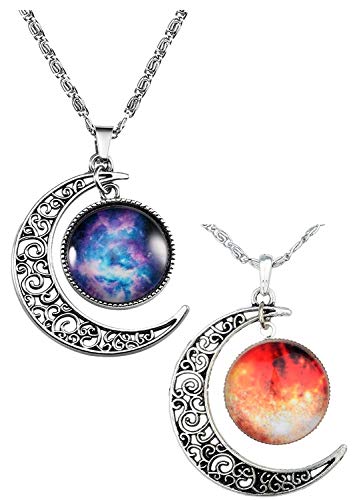 COLORFUL BLING 2PCS Galaxy Crescent Moon Pendant Necklaces Jewelry