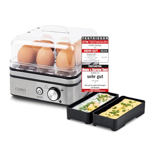 CASO E 9 - Design Eierkocher, Testurteil: Sehr Gut, elektronischer Eierkocher für bis zu 8 Eier, akustisches Signal, inkl. Messbecher und Eipicker und zwei Pochierschalen, Silber