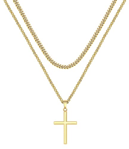 Honsny Cross Necklace for Men Women,Gold Silver Black Mens Cross Necklaces Layered Cuban Chain Cross Necklace for Men Women Boys Girls 16/18/20/22/24 Inch Cross Necklace