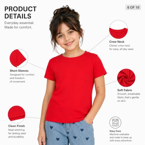 Image of Kids Round Neck Girls Tshirt | Short Sleeves | Natural Organic 100% Cotton Soft Comfortable Fabric | Plain Color Original Branded Half Sleeve | School t-Shirt for Girl Kid | Sleepwear Everyday Casual