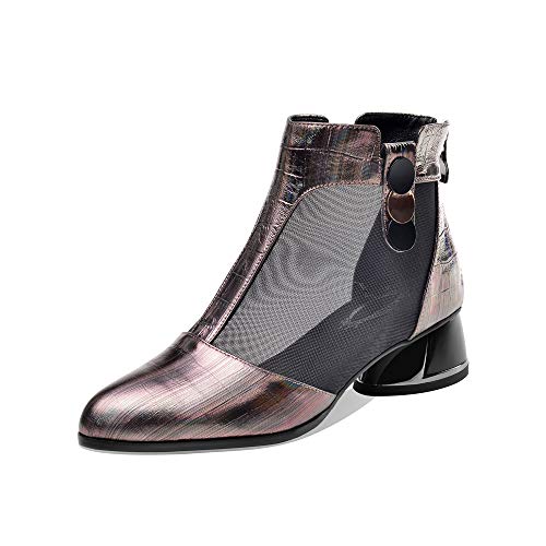 TinaCus Women's Genuine Leather with Mesh Pointed Toe Back Zip Up Low Chunky Heel Ankle Boots