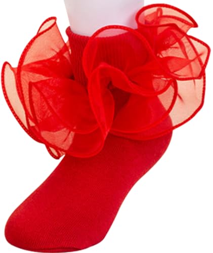 Galsang Women Big Ruffle Socks Double Lace Turn Cuff Breathable Cotton Frilly Cute Bobby Dress Sock for Girls Women K407 (US Numeric 5 10 Regular Regular Red)