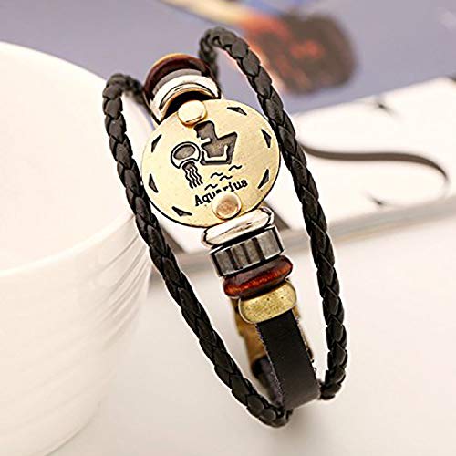 Image of Young & Forever Zodiac Sign Multi-Strand Genuine Leather Bracelet for Men & Boys - Adjustable Tribal Wristband with Antique Metal Charm