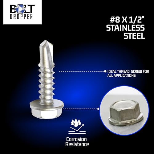 Bolt Dropper #8 x 1/2-Inch Stainless Steel TEK Screws - Pack of 100 Self Tapping Screws - Corrosion-Resistant External Hex Washer Head Screws for Wood, Metal, Wet Environments, and Outdoor Projects